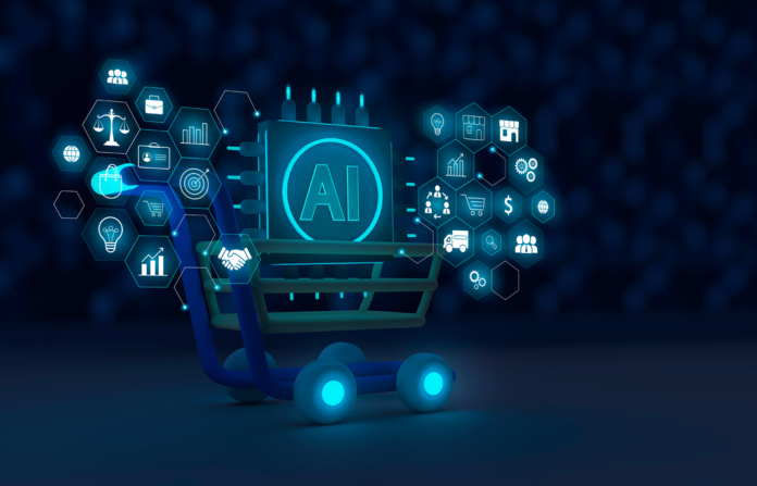 Shopping cart with AI chip and marketing icons.