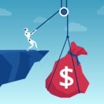 Vector of a robot pulling up from a cliff a sack of money.