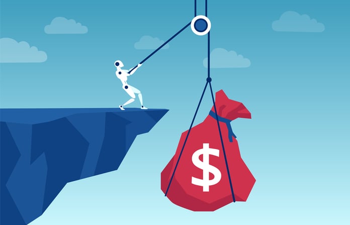 AI for Sales Prospecting: Master Basic Prompts to Drive Engagement Vector of a robot pulling up from a cliff a sack of money.