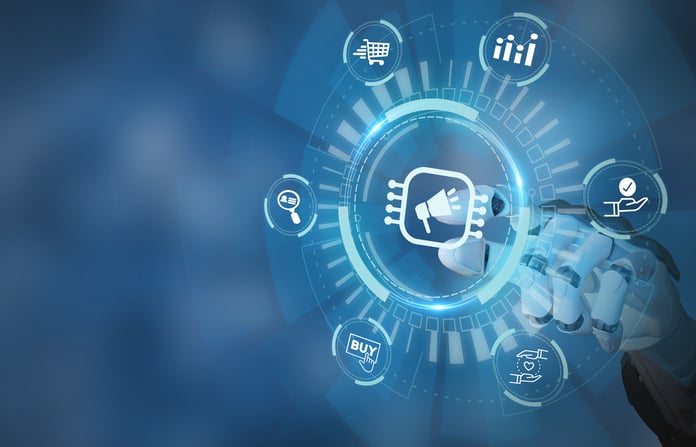 AI Marketing Strategy: How To Use AI For Marketing (Examples & Tools) Robotic hand interacting with marketing icons on virtual screen.