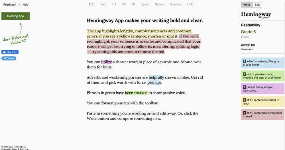 Hemingway’s Editor interface.