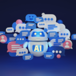 AI bot surrounded by virtual speech bubbles in 3D.