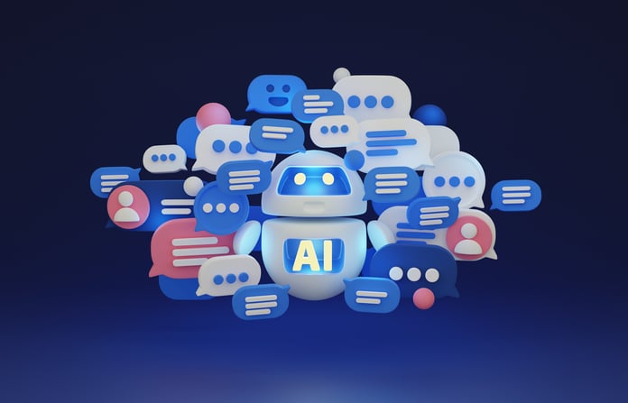 11 Best AI Meeting Assistant (2024): Top Tools for Seamless Meetings AI bot surrounded by virtual speech bubbles in 3D.
