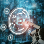 Robotic hand interacting with virtual marketing icons on a digital background.
