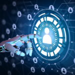 Robot hand interacting with a virtual person icon surrounded by a network of person icons on the background.