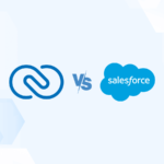 Versus graphic featuring the logos of Zoho CRM and Salesforce.