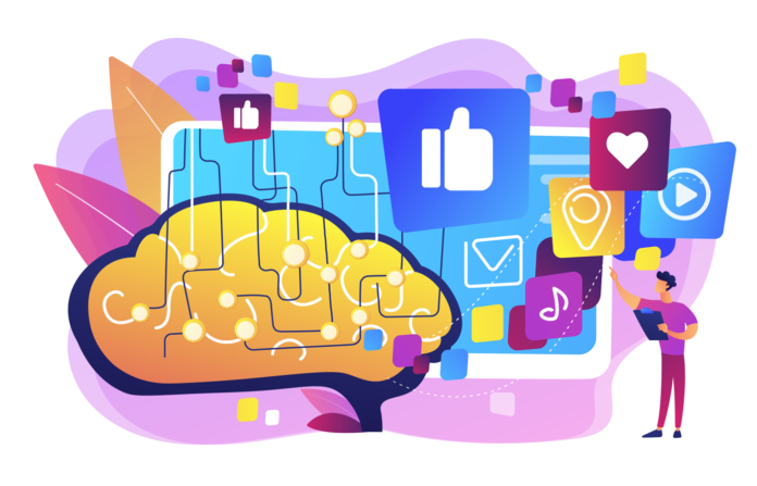 Flat vector illustration of a digital brain with social media icons.