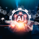 Businessman holding a glowing virtual AI icon surrounded with different industry icons.
