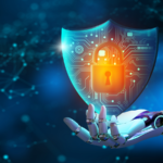 AI robot hand holding shield with padlock icon over blue background.