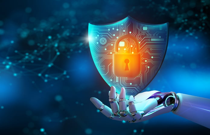 best-ai-security-tools AI robot hand holding shield with padlock icon over blue background.