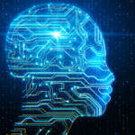 Circuit grid pattern forming a silhouette of an AI bot on a background of binary values.