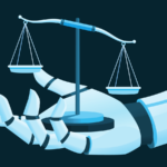 Flat vector illustration of a robotic hand holding a balance scale.
