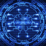 Artificial intelligence brain with ring gears on binary code background.