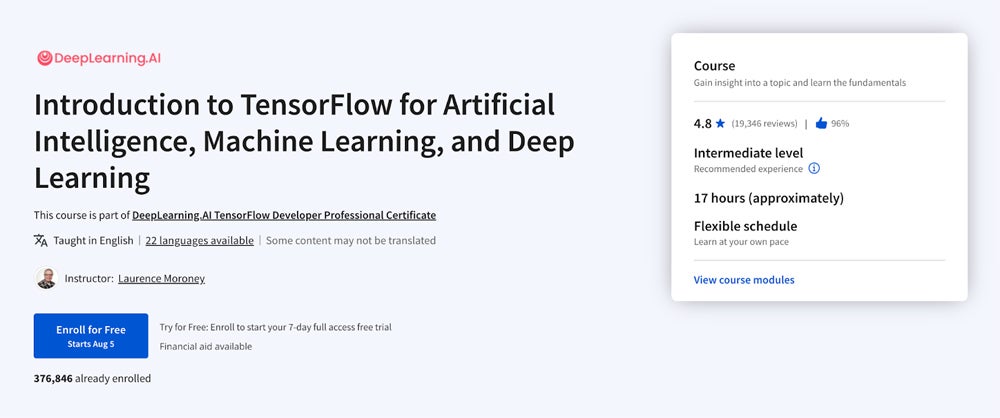 DeepLearning.AI - Introduction to TensorFlow for Artificial Intelligence, Machine Learning and Deep Learning course screenshot.
