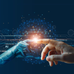Hands of robot and human touching on big data network connection background.