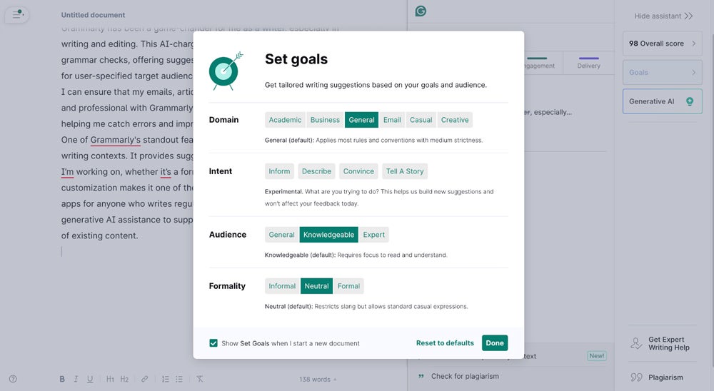 Grammarly goals settings page.