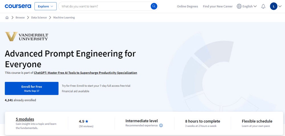 Advanced Prompt Engineering for Everyone course title screenshot.