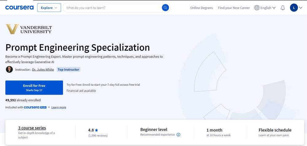 Prompt Engineering Specialization course title screenshot.