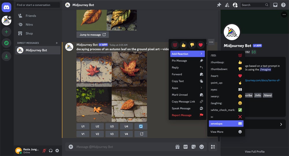 Reaction feature for Midjourney Bot on Discord.