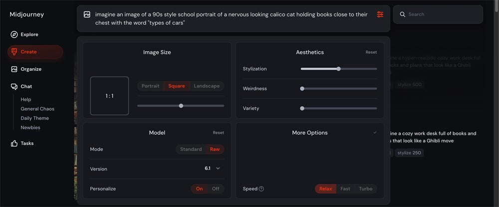 Midjourney web settings interface.