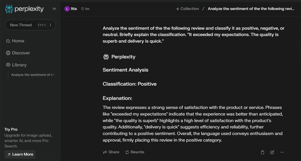 Perplexity AI sentiment analysis prompt.