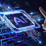 Hand interacting with a virtual chip with AI inscription.