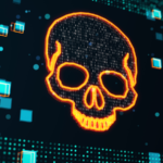 Digital illustration of an orange glowing skull on dark screen texture background.