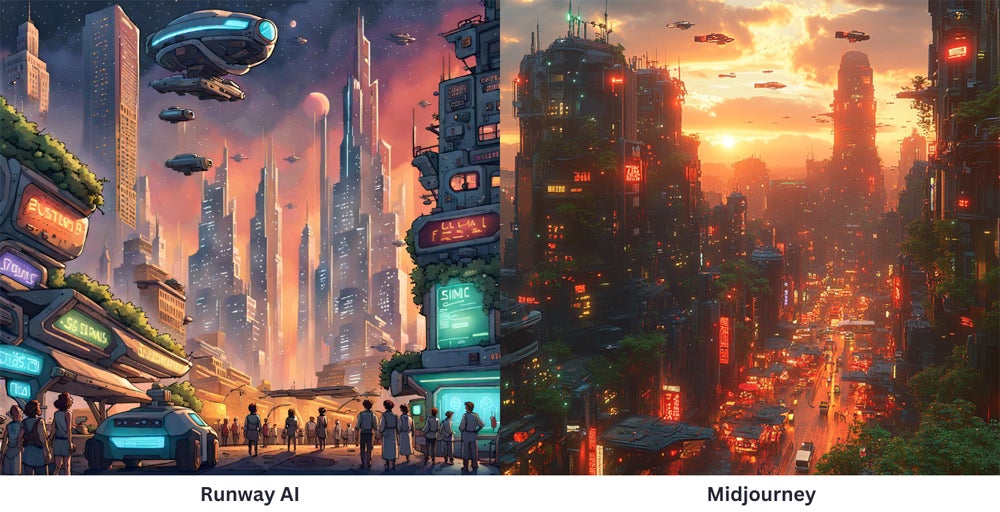 Prompt fidelity comparison of Runway and Midjourney.