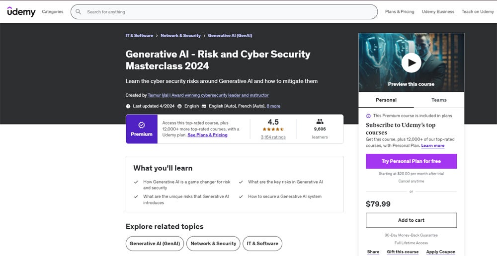 Generative AI - Risk and Cyber Security Masterclass 2024 course screenshot.