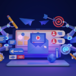 3D illustration of a laptop with mechanical arms holding social media related images and icons.