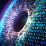 Collection of digital binary codes forming a multicolored iris of the eye.