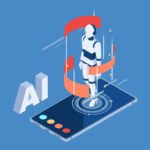 Flat vector illustration of a smartphone with a bot standing on the screen.