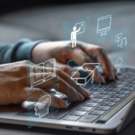 IT professional using a laptop with virtual online learning related icons.