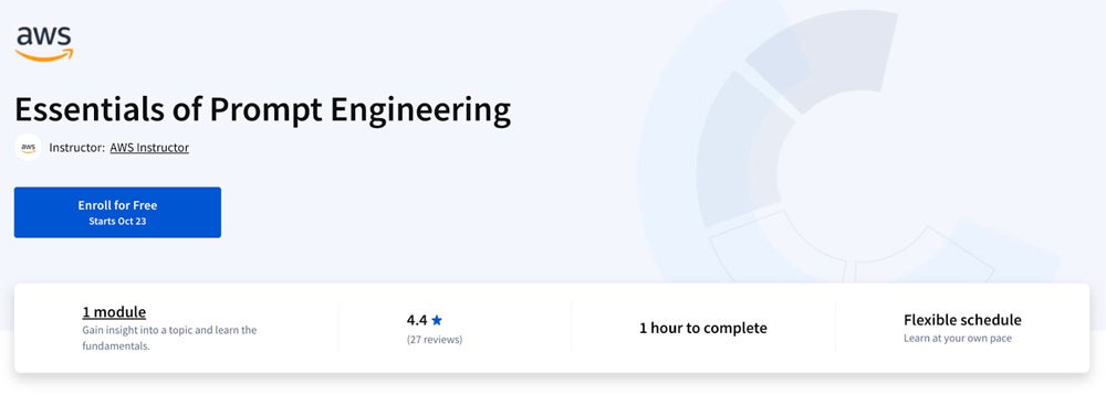 AWS' Essentials of Prompt Engineering course title screenshot.