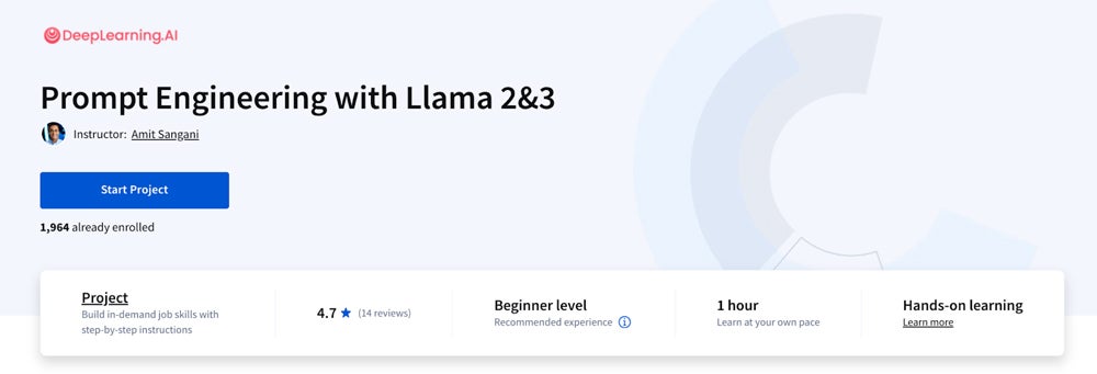 DeepLearning.AI's Prompt Engineering with Llama 2 and 3 course screenshot.