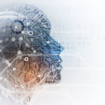 Silhouette of a humanoid with circuit grid on numerical background.