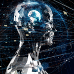 AI silhouette on cyberspace concept.