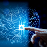 Hand interacting with an AI interface on a virtual screen.