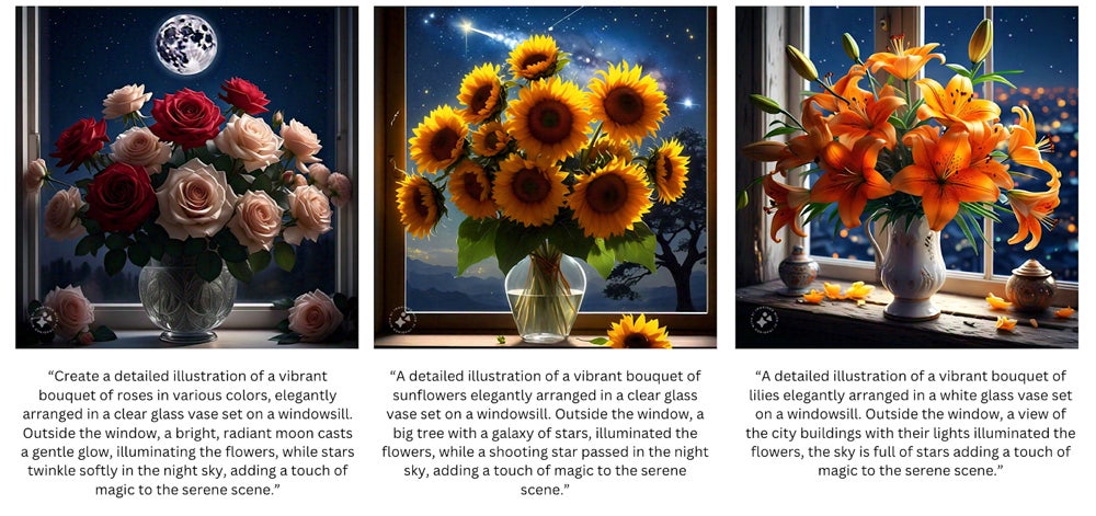 Sample art generated images with the corresponding text prompt used.