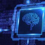 Virtual processor with digitized brain icon on circuit grid background.