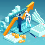 Vector of a businessman and a robot shaking hands standing on computer.