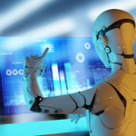 3D render of a robot interacting with graphs and information in a cyber factory.
