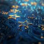 AI-generated image of a circuit board in EU flag colors.