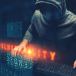 Hooded hacker in operation with virtual display on foreground.