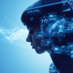 Profile of a woman with various graph and data on virtual display.