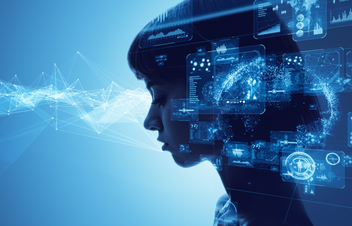 Profile of a woman with various graph and data on virtual display.