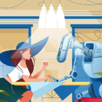 Flat vector illustration of a woman on a date with a robot at a restaurant.