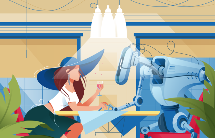 Flat vector illustration of a woman on a date with a robot at a restaurant.