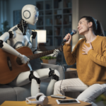 A robot playing a guitar and a woman singing with a microphone.