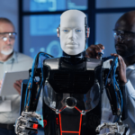 Two engineers adjusting a humanoid robot.
